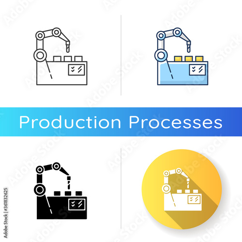 Production automation icon. Linear black and RGB color styles. Industrial revolution, manufacturing process innovation. Mechanical assembly line. Robot arm isolated vector illustrations