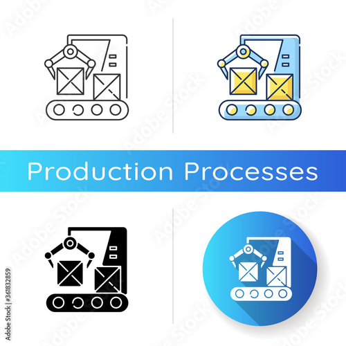 Production line icon. Linear black and RGB color styles. Automated manufacturing process, modern industrial technology. Boxes on conveyor belt with robot arm isolated vector illustrations