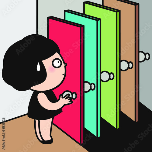 Girl Have To Open Many Doors Until She Finds Her Right Door Of Success Concept Card Character illustration