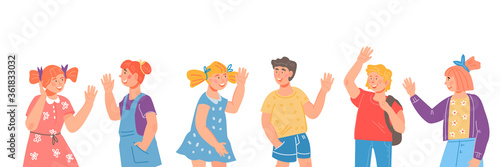 Cute children characters waving hands in greeting gesture. Children happy to see elementary school classmates or  kindergarten friends. Kids saying Hi, flat vector illustration isolated.
