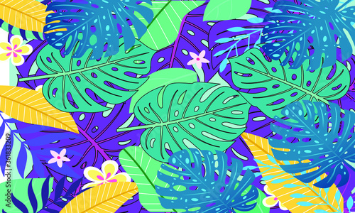 Summer tropical background with leaf and flowers,Trendy Abstract and modern vivid and vibrant spring wallpaper for cards,web,book,social media,ads and Magazine.Vector Illustration.