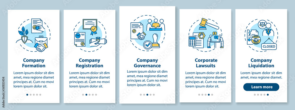 Corporate law onboarding mobile app page screen with concepts. Company formation. Business life cycle walkthrough 5 steps graphic instructions. UI vector template with RGB color illustrations
