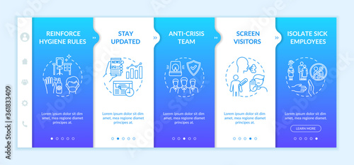 Safety in workplace onboarding vector template. Stay update news. Screen visitors. Responsive mobile website with icons. Webpage walkthrough step screens. RGB color concept