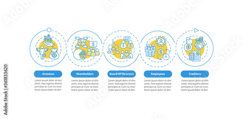 People involved in corporation vector infographic template. Presentation design elements. Data visualization with 5 steps. Process timeline chart. Workflow layout with linear icons