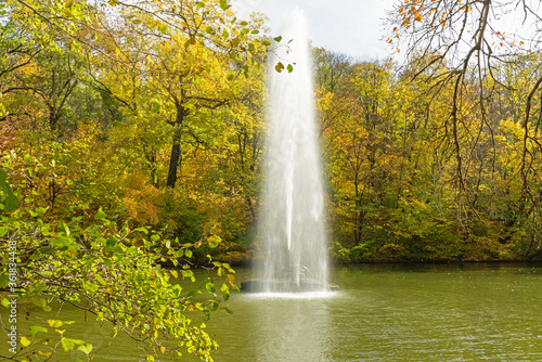 Fountain in autumn park  lake landscape view with yellow trees  Sofievka park  Uman  Ukraine