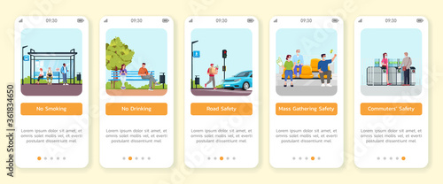 Public space safety rules onboarding mobile app screen vector template. Mass gathering, commuters safety. Walkthrough website steps with flat characters. Smartphone cartoon UX, UI, GUI