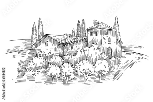 Italian farm country landscape with vintage house, vineyard, cypress. Italy vector illustration with Tuscany view in engraving style isolated on white. Rural black and white sketch clipart