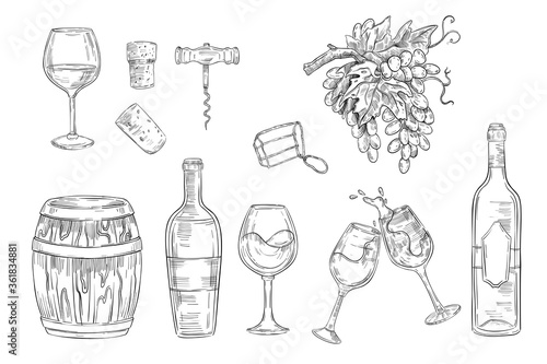 Wine sketch hand drawn set with glass, vine, grape, opener isolated on white. Collection in engraving vintage style with bottles, corks, cask for logos, labels, packages, menus.