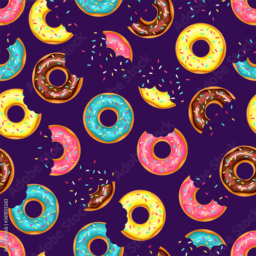 whole donut and half-eaten donut with pink, chocolate, lemon, blue mint glaze. Seamless pattern. Texture for fabric, wrapping, wallpaper. Decorative print. Vector illustration 