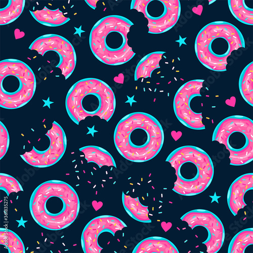 whole donut and half-eaten donut with pink glaze. Seamless pattern. Texture for fabric, wrapping, wallpaper. Decorative print. Vector illustration 