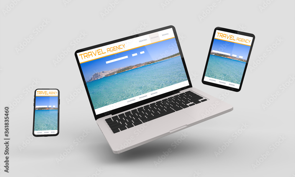 Flying laptop, mobile and tablet 3d rendering showing travel senior responsive web design .3d illustration