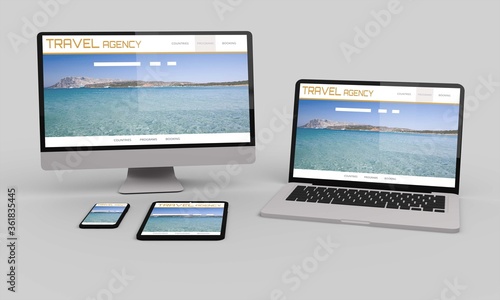 Flying desktop computer, mobile and tablet 3d rendering showing travel senior responsive web design .3d illustration