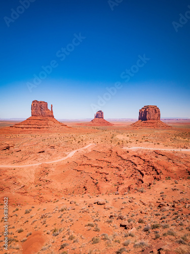 Monument Valley from visitor center, region of Colorado Plateau characterized by cluster of vast sandstone buttes, Arizona Utah border.