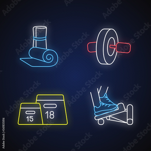Fitness equipment neon light icons set. Exercise mat, ab roller, plyometric box and stepper signs with outer glowing effect. Workout at home and in gym. Vector isolated RGB color illustrations
