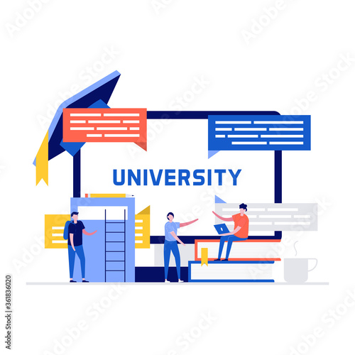 University campus vector illustration concept with students and school elements. Modern flat style for landing page, mobile app, poster, flyer, template, web banner, infographics, hero images