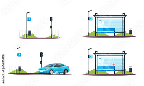 Pedestrian crossing and empty bus stop semi flat RGB color vector illustrations set. Car and traffic light. Public transport sign. Isolated cartoon objects collection on white background
