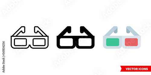 3d glasses icon of 3 types. Isolated vector sign symbol.