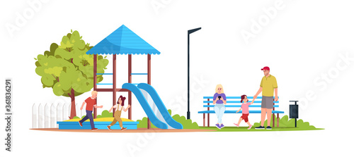 Children playing in playground semi flat RGB color vector illustration. Caucasian father and daughter in public, girl using phone in park. Isolated cartoon character on white background