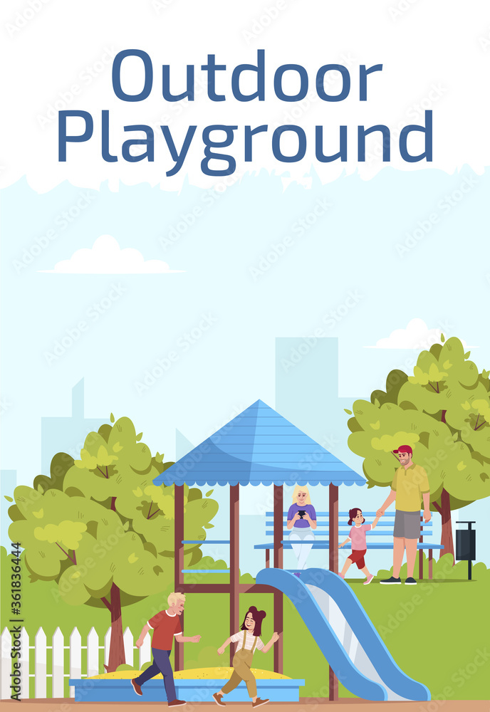 Outdoor playground poster template. Commercial flyer design with semi flat illustration. Kids recreation. Vector cartoon promo card. Children playpark, kindergarten advertising invitation