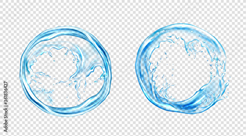 Circle water splash, liquid aqua frame of round shape, dynamic motion elements with spray droplets, isolated border on transparent background, hydration ad. Realistic 3d vector Illustration, clip art