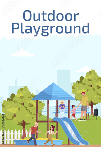 Outdoor playground poster template. Commercial flyer design with semi flat illustration. Kids recreation. Vector cartoon promo card. Children playpark, kindergarten advertising invitation