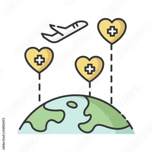 Medical tourism RGB color icon. International wellness tour. Visiting sanatorium and healthcare resorts. Health improving journey. Isolated vector illustration