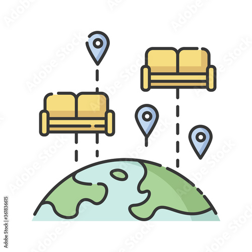 Couchsurfing RGB color icon. Budget tourism. Finding affordable accommodation in travel. Hospitality exchange. World map with couches isolated vector illustration