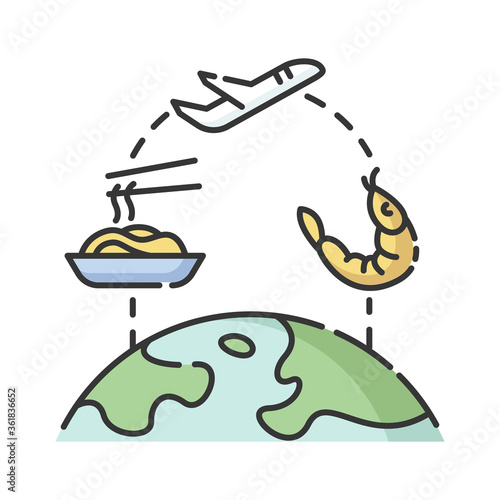 Food tourism RGB color icon. International culinary tours. Exploring international kitchen, traditional cuisine. World map with dishes isolated vector illustration