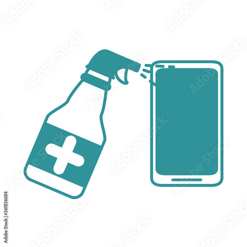covid 19 coronavirus, wipe phone with alcohol spray bottle, prevention outbreak disease pandemic line design icon