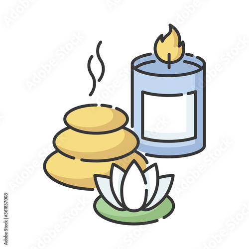 Spa resort RGB color icon. Wellness tourism, health sanatorium. Relaxation procedures. Spa stones, lotus flower and aroma candle isolated vector illustration