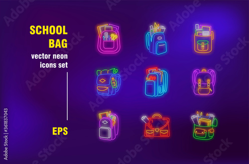 Neon school bag set. Backpack, student, suitcase and study. Vector illustrations for night bright advertisement. Education and accessory concept