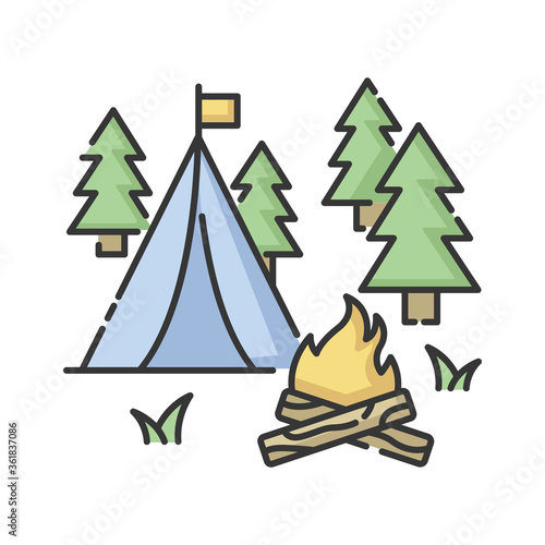 Camping RGB color icon. Nature tourism, outdoor recreation. Inexpensive vacation, overnight stay in forest. Campfire and tent in woods isolated vector illustration