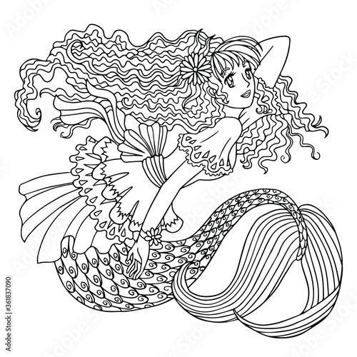 Beautiful mermaid with curly long hair in decorated dress. Vector outline illustration with doodle and zentagle elements for coloring book pages for adult, print. Line art for relaxing at home.