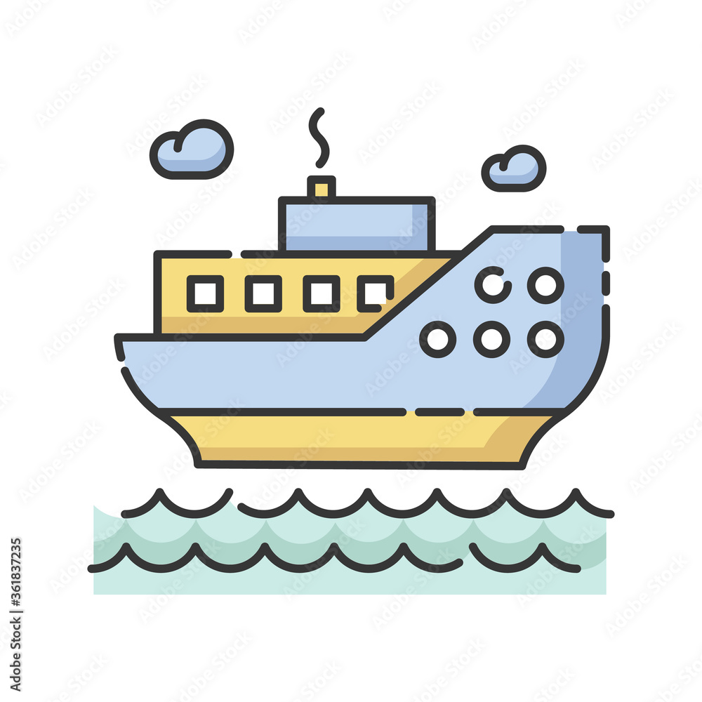 Sea cruise RGB color icon. Nautical tourism, holiday voyage, sailing. Luxurious journey, vacation on ocean liner. Large passenger ship isolated vector illustration