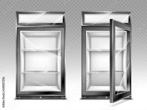 Mini refrigerator for beverages with advertising digital display and transparent close and open glass door. Empty fridge for food or drinks in store. Realistic 3d vector cooler with shelves front view