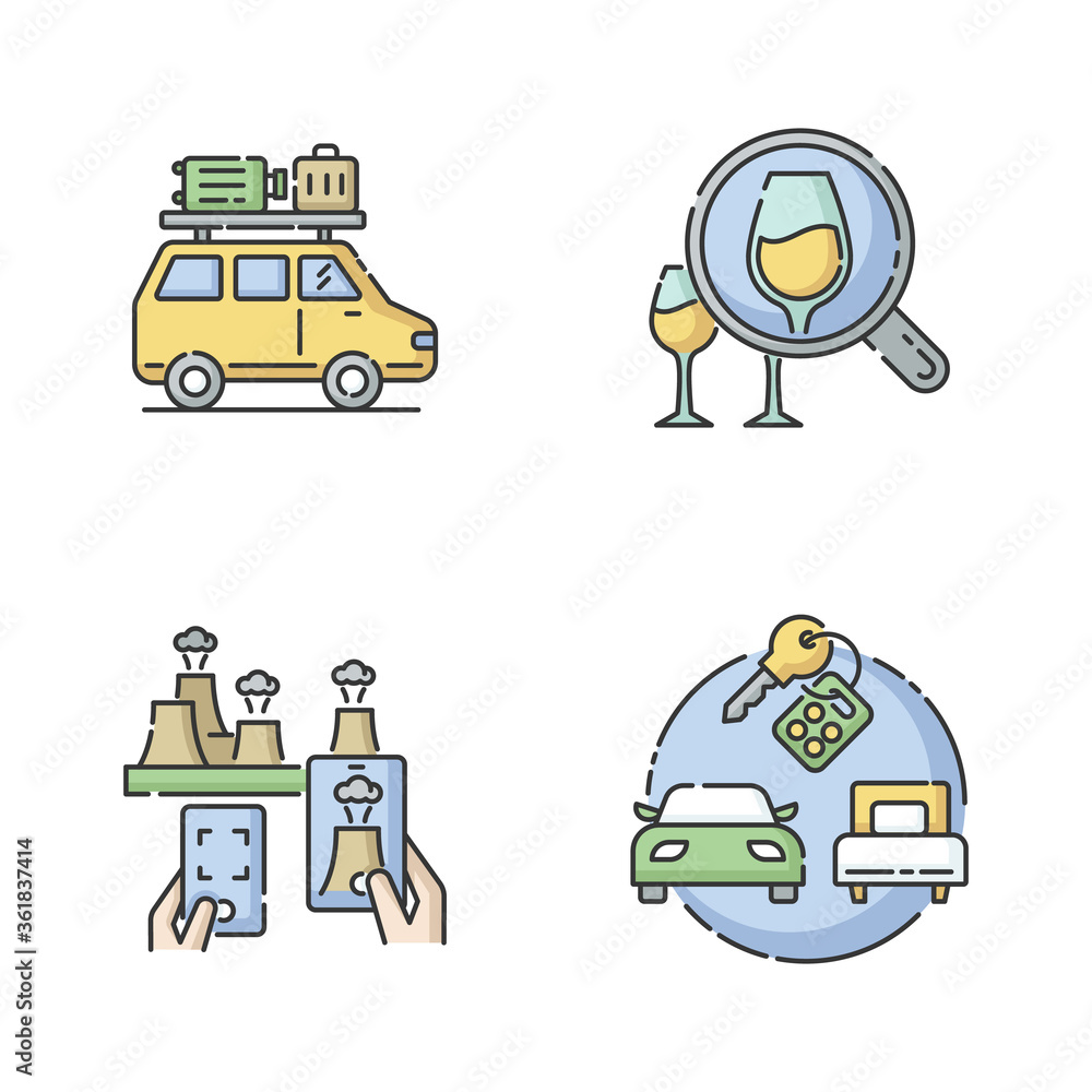 Types Of Tourism RGB Color Icons Set Road Trip Wine Tasting Journey 