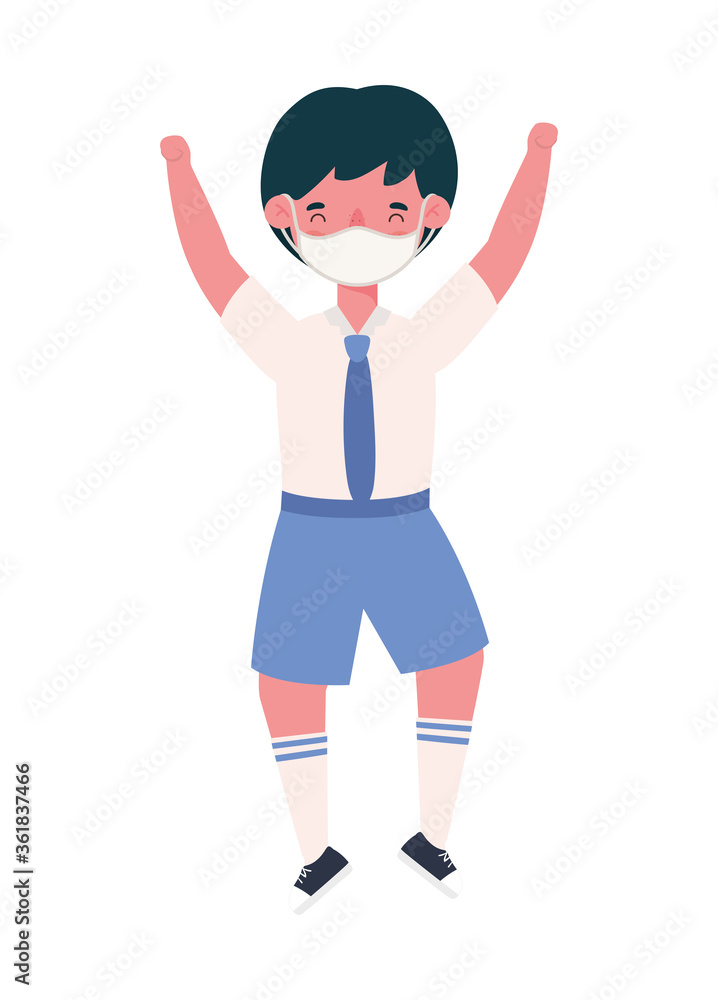 Boy kid with medical mask and uniform jumping design, Back to school theme Vector illustration Boy kid with medical mask and uniform jumping design, Back to school theme Vector illustration