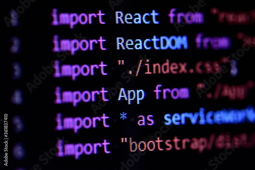 Close-up of React, Javascript programming source code © cobracz