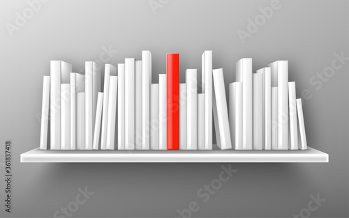 Books on white bookshelf, bestseller mockup with red cover stand on shelf in library or store. Booklets, diary volumes with empty spines stand in row at rack hang on wall, realistic 3d vector mock up photo