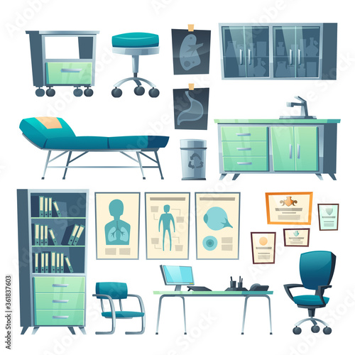 Clinic interior, doctor stuff, isolated hospital items couch, chair and washbasin, locker for medicine, cabinet with document folders, table, computer and medical banners, cartoon vector illustration