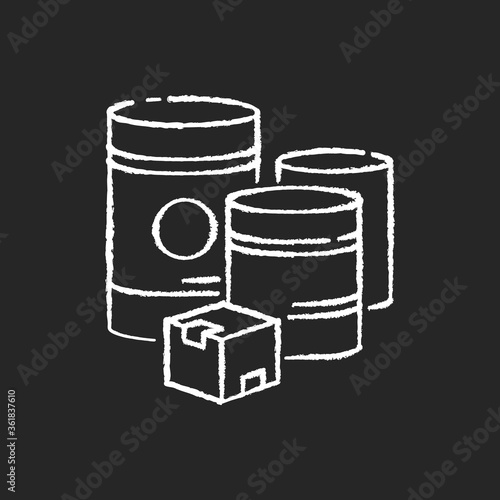 Raw materials chalk white icon on black background. Natural resources, industrial manufacturing. Fuel and minerals storage containers. Box and barrels isolated vector chalkboard illustration