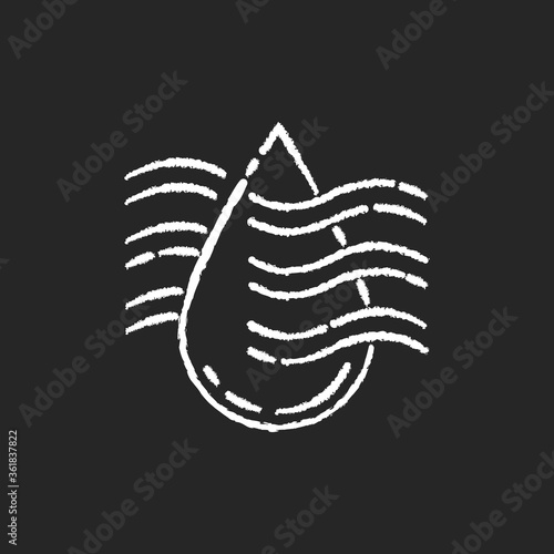 Drying process chalk white icon on black background. Water purification technology, filtration system. Production manufacturing stage. Clean water drop isolated vector chalkboard illustration