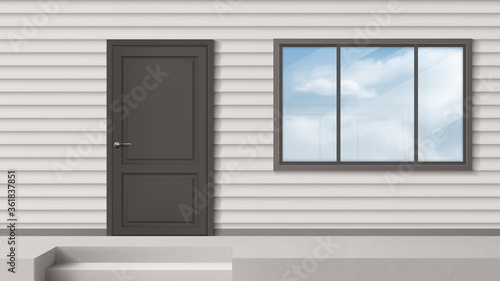 House facade with gray door, window, siding wall and steps. Vector realistic background of building front, modern home porch. Entrance for suburban apartment outside