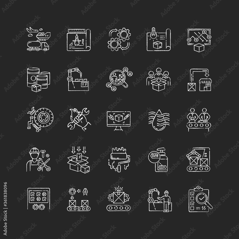 Production process chalk white icons set on black background. Manufacturing industry. Commercial product development and mass production technologies. Isolated vector chalkboard illustrations