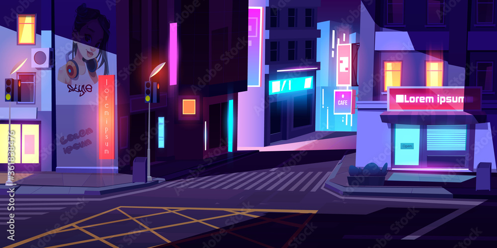 Obraz premium City street with houses, road with pedestrian crosswalk, traffic lights and store front with banner at night. Vector cartoon cityscape, urban landscape with residential buildings and shops