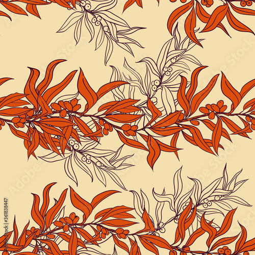 Seamless pattern of sea buckthorn branches. Design for fabric, textile, paper, packaging. The plant is suitable for food, cooking oil, cosmetic and medicinal products.  Vector graphics.