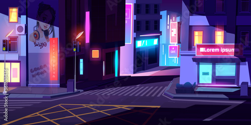 City street with houses, road with pedestrian crosswalk, traffic lights and store front with banner at night. Vector cartoon cityscape, urban landscape with residential buildings and shops