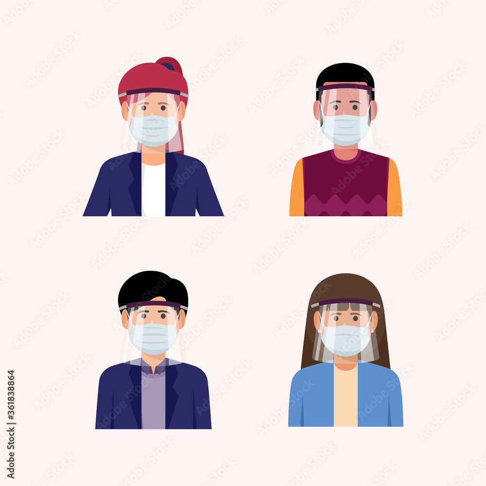 People using face shield and surgical mask vector illustration. New normal concept