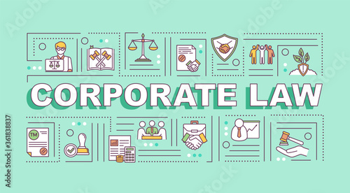 Corporate law word concepts banner. Corporation governance. Infographics with linear icons on light aquamarine background. Isolated typography. Vector outline RGB color illustration