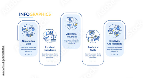 Attorney skills vector infographic template. Required knowledge. Presentation design elements. Data visualization with 5 steps. Process timeline chart. Workflow layout with linear icons